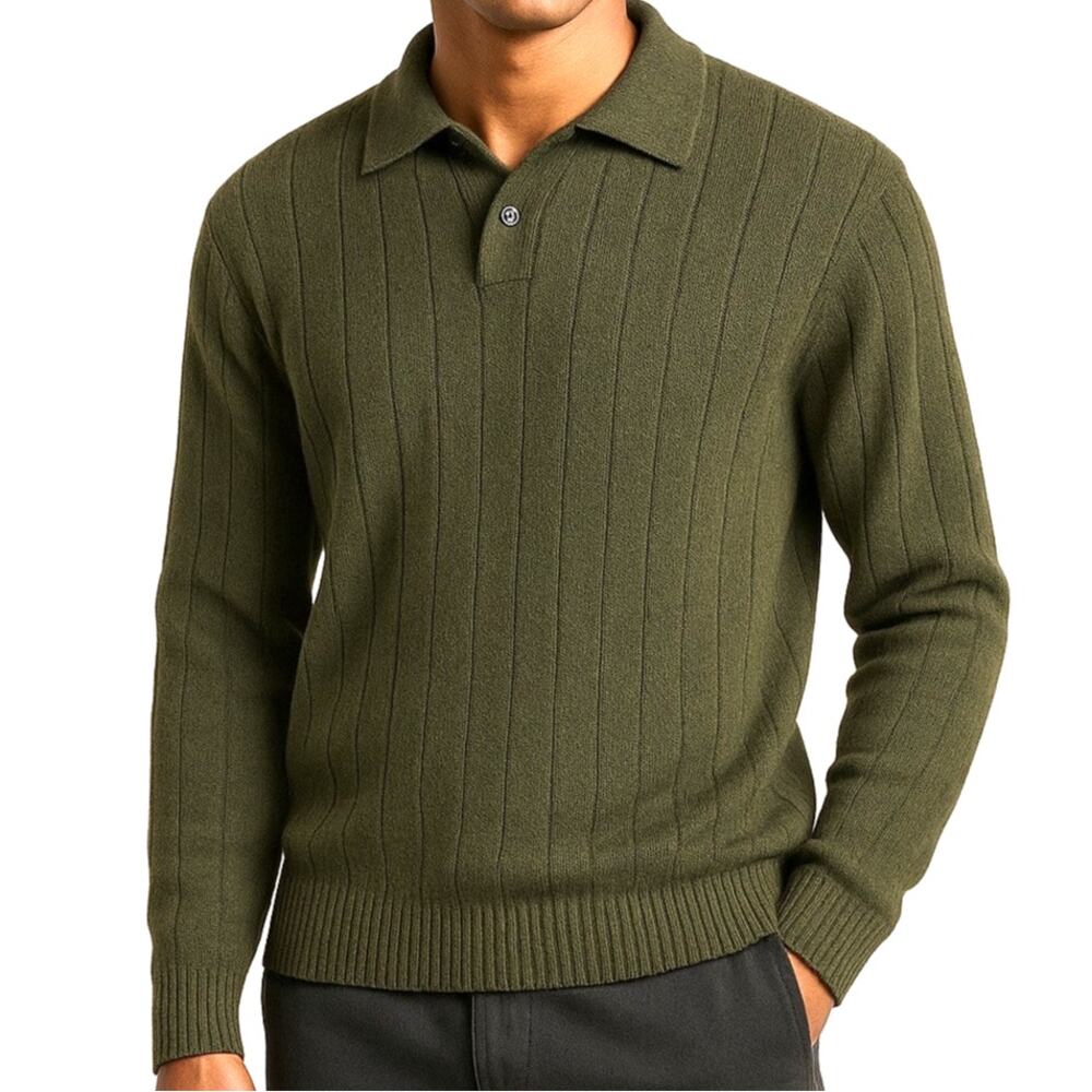 Vintage 90s Olive Button Collar Sweater Mens L Polo Cozy Minimalist